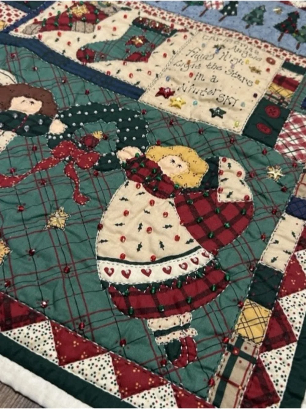 25x31 Vintage Handmade Quilt Wall Hanging Old World Angels Embroidered W Beads